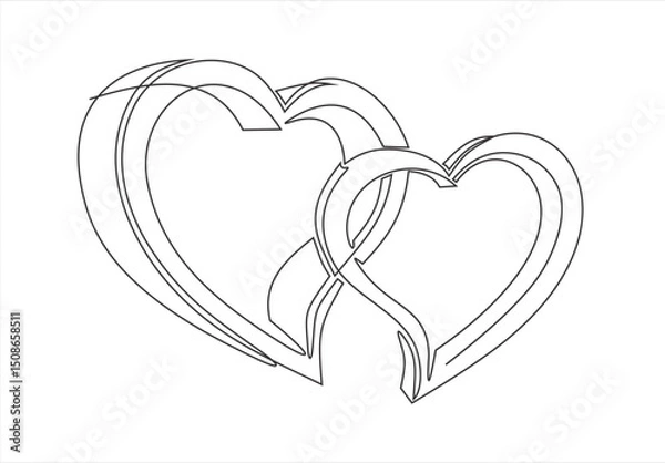 Obraz One Continuous line drawing of two hearts with love signs. Thin curls and romantic symbols in simple linear style. Editable stroke.