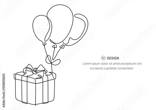 Obraz Continuous one line drawing of Present box with balloons. Present box with ribbon and bow outine vector illustration.
