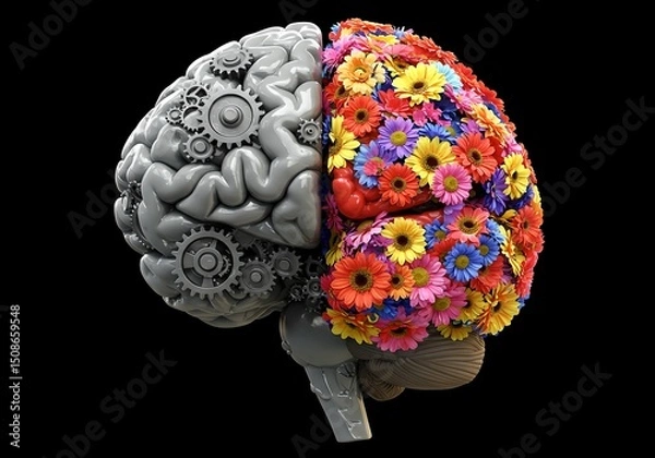 Obraz Creative Brain Gears and Flowers Representing Logic and Emotion A 3D Model of a Human Brain Divided into Two Hemispheres