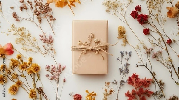 Fototapeta Autumn Botanical Arrangement with Dried Flowers and Leaves in Rustic Decor