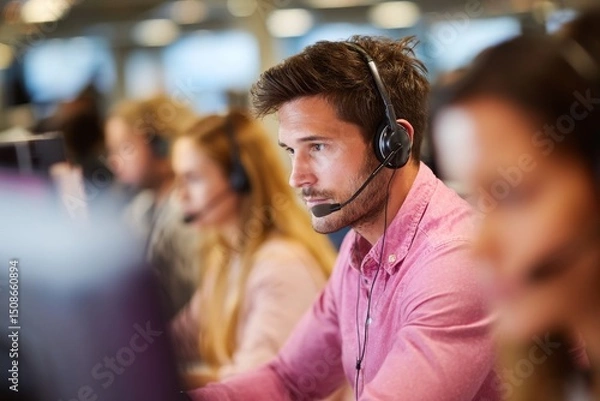 Obraz An office call centre team employs a man with Down syndrome who wears a headset
