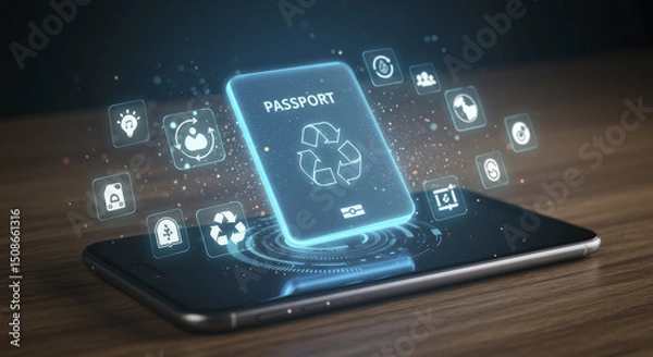 Fototapeta Digital Passport Appears on Smartphone Screen with Recycling Icons Above, Selective Focus