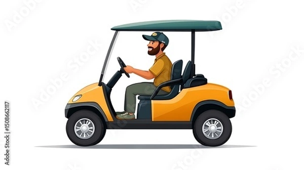 Obraz clipart illustration of open-sided golf buggy with a cheerful driver flat colors clear composition white background