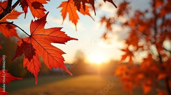 Fototapeta Autumn maple leaves. A leafy tree with a bright orange leaf in the foreground. The leaf is in the sun and the sky is blue.