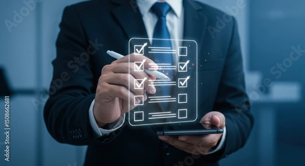 Fototapeta Man in suit using digital checklist on mobile device for task management and survey, ensuring complete to-do list in the office.