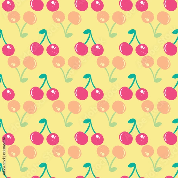 Obraz Minimal cherry fruit seamless vector pattern on yellow background