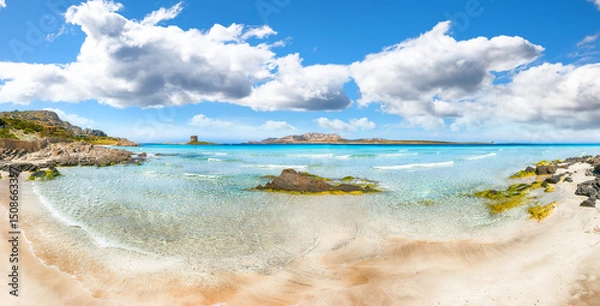 Fototapeta Unbelivable morning view of famous La Pelosa beach and rocky shore near Torre della Pelosa