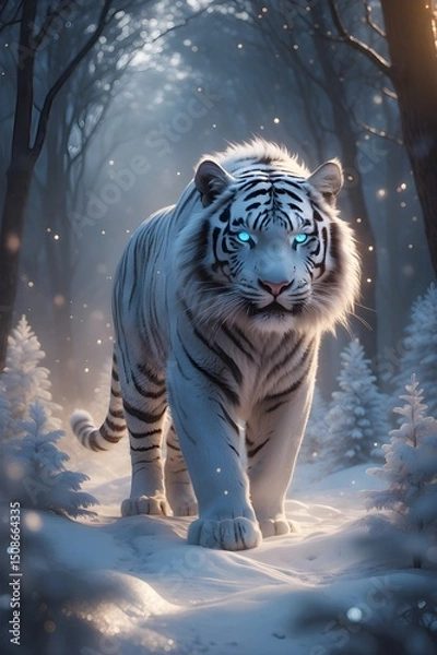 Fototapeta A white tiger with blue eyes walks through a snowy forest. Concept of tranquility and beauty, as the majestic animal navigates its natural habitat. The contrast between the white tiger.    