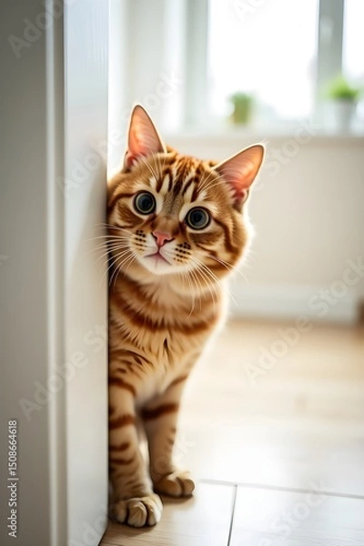 Fototapeta A cat is standing in front of a white wall, looking at the camera. The cat's eyes are wide open, and it is curious or surprised. The scene is simple and straightforward, with the focus on the cat. 