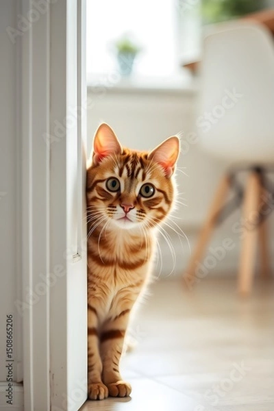 Fototapeta A cat is standing in front of a white wall, looking at the camera. The cat's eyes are wide open, and it is curious or surprised. The scene is simple and straightforward, with the focus on the cat.    
