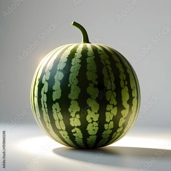 Fototapeta A watermelon with green stripes is sitting on a white background. The image has a bright and cheerful mood, as the watermelon is a symbol of summer and freshness. 