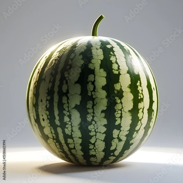 Fototapeta A watermelon with green stripes is sitting on a white background. The image has a bright and cheerful mood, as the watermelon is a symbol of summer and freshness. 