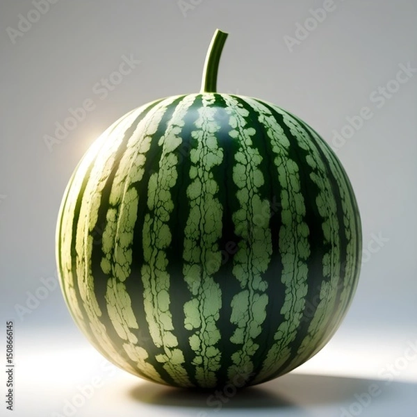 Fototapeta A watermelon with green stripes is sitting on a white background. The image has a bright and cheerful mood, as the watermelon is a symbol of summer and freshness.   