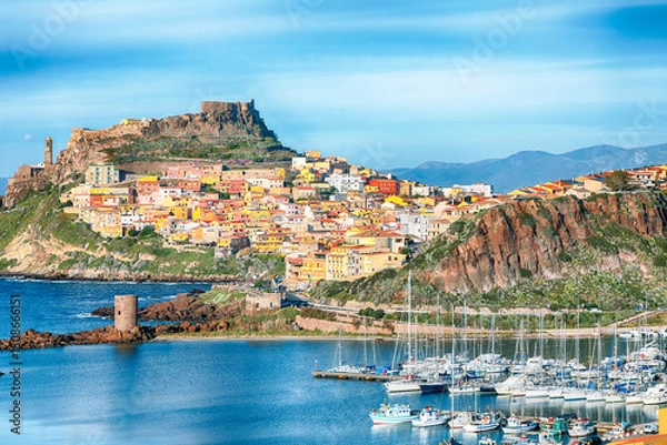 Fototapeta Unbelivable view of Medieval town of Castelsardo. Cityscape of Castelsardo port.