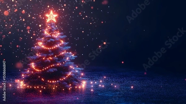 Fototapeta Glowing Christmas Tree with Shimmering Lights Surrounded by Falling Snow in Enchanting Winter Scene