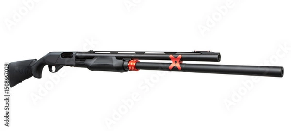 Fototapeta Angled view of black tactical shotgun with red competition accessories on white back