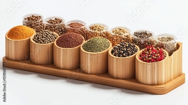 Fototapeta Wooden Containers Filled with Assorted Aromatic Spices and Herbs on Rustic Background