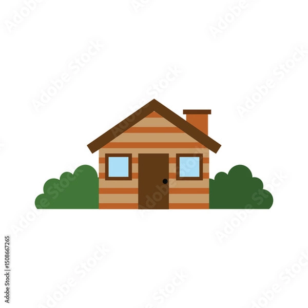 Fototapeta Flat icon of a small wooden house with a chimney, two windows, and surrounding bushes. Ideal for representing home, housing, real estate, property, or countryside living in digital projects.