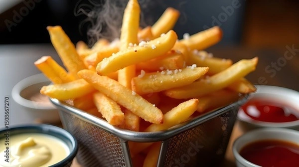 Fototapeta A basket of french fries with a variety of condiments including ketchup, mustard, and mayonnaise. 