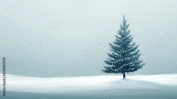 Fototapeta Serene Snowy Landscape with Solitary Pine Tree in Peaceful Winter Scene
