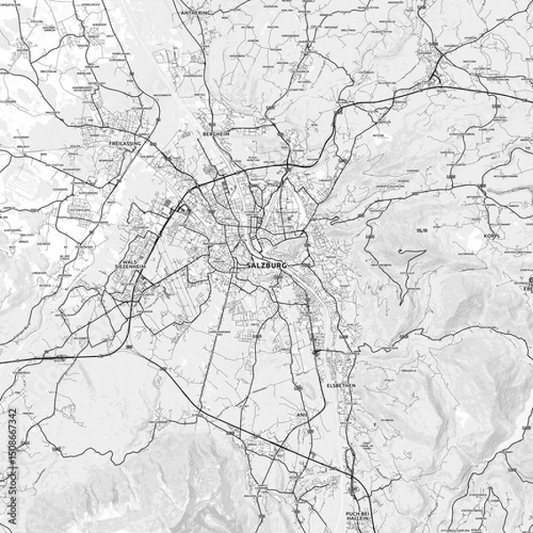 Obraz Salzburg Area Map with Labels and Neighborhoods - One color, minimalistic design