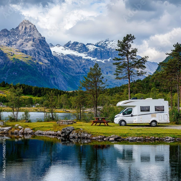 Fototapeta Picturesque lakeside camper van parked beside calm reflective water under dramatic mountain sky offering inspiration for outdoor travel adventure and wanderlust photography content