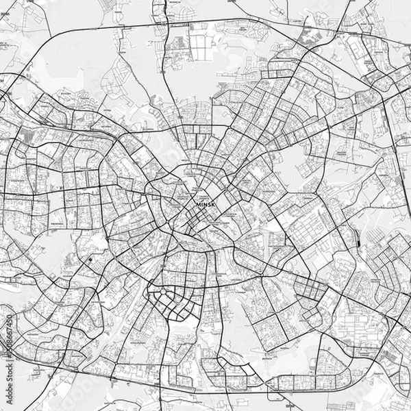 Fototapeta Minsk Area Map with Labels and Neighborhoods - One color, minimalistic design