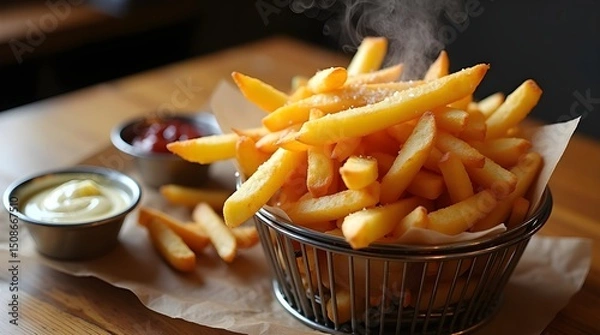 Fototapeta A basket of french fries with a variety of condiments including ketchup, mustard, and mayonnaise. 