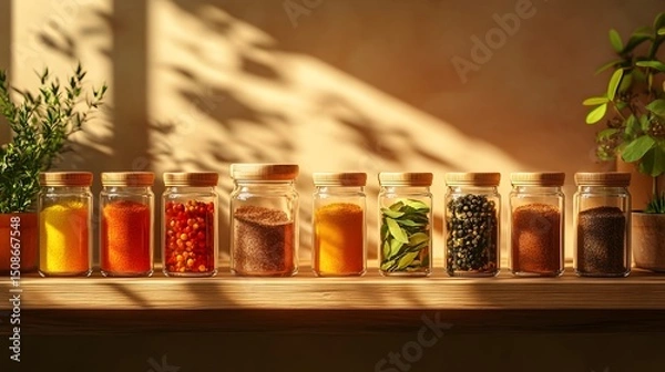 Fototapeta Assortment of Spice Jars and Herbs Arranged on Wooden Shelves for Cooking and Meal