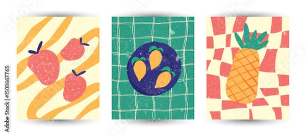 Fototapeta Set of Hand Drawn Fruit and Flower Illustrations – Vintage Style Minimal Posters with Grunge Texture. Includes lemon, strawberries, pineapple in pastel backgrounds with textured grunge finish