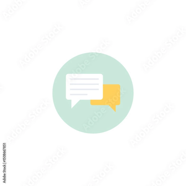 Fototapeta Flat icon of two speech bubbles, one white and one yellow, representing a conversation or chat on a mint green circular background. Ideal for communication, messaging, or dialogue design themes.