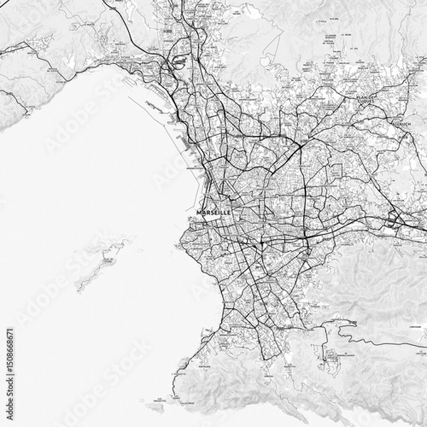 Obraz Marseille Area Map with Labels and Neighborhoods - One color, minimalistic design