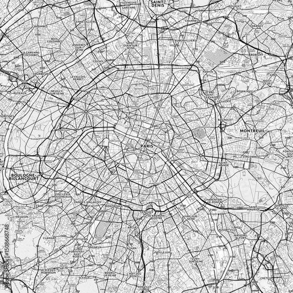 Fototapeta Paris Area Map with Labels and Neighborhoods - One color, minimalistic design