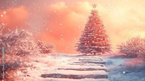 Fototapeta Enchanting Winter Wonderland with Glowing Christmas Tree and Sparkling Snow