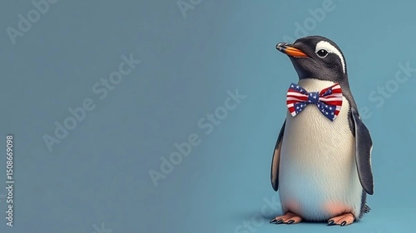 Fototapeta Patriotic Penguin in Formal Outfit Posing with American Flag Bow Tie