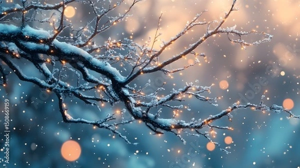 Fototapeta Magical Winter Wonderland with Snowy Branches and Twinkling Bokeh Lights