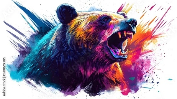 Fototapeta Vibrant Colorful Abstract Painting of a Fierce Grizzly Bear Roaring