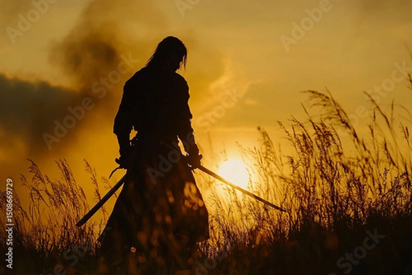 Fototapeta Silhouette of a man dropping his sword
