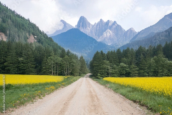 Fototapeta A dirt road stretches through fields of yellow flowers and dense green forest, leading to majestic mountains under a partly cloudy sky.
