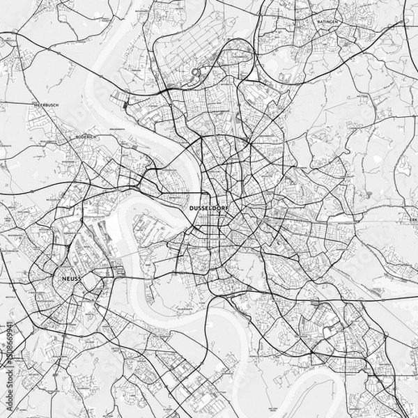 Fototapeta Düsseldorf Area Map with Labels and Neighborhoods - One color, minimalistic design