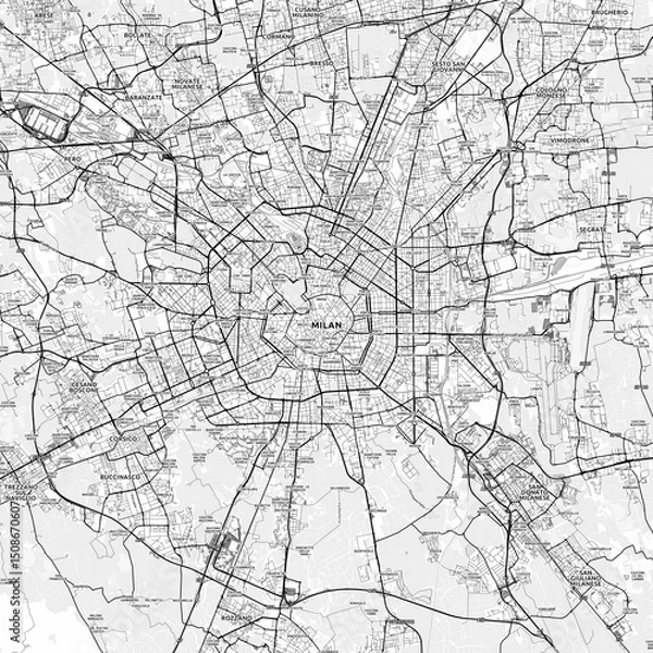 Fototapeta Milan Area Map with Labels and Neighborhoods - One color, minimalistic design