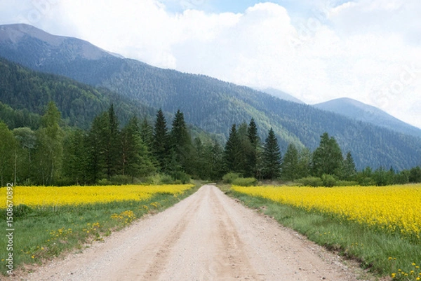 Fototapeta A dirt road stretches through fields of yellow flowers and dense green forest, leading to majestic mountains under a partly cloudy sky.