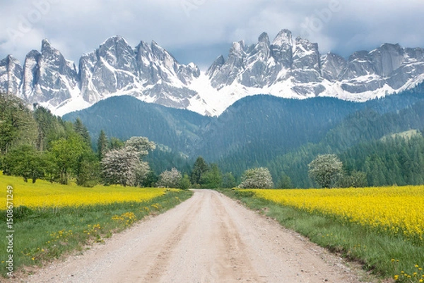 Fototapeta A dirt road stretches through fields of yellow flowers and dense green forest, leading to majestic mountains under a partly cloudy sky.