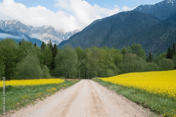 Fototapeta A dirt road stretches through fields of yellow flowers and dense green forest, leading to majestic mountains under a partly cloudy sky.