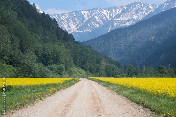 Fototapeta A dirt road stretches through fields of yellow flowers and dense green forest, leading to majestic mountains under a partly cloudy sky.