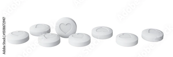 Obraz White heart pills isolated on transparent background. Heart disease medications. 3D illustration.