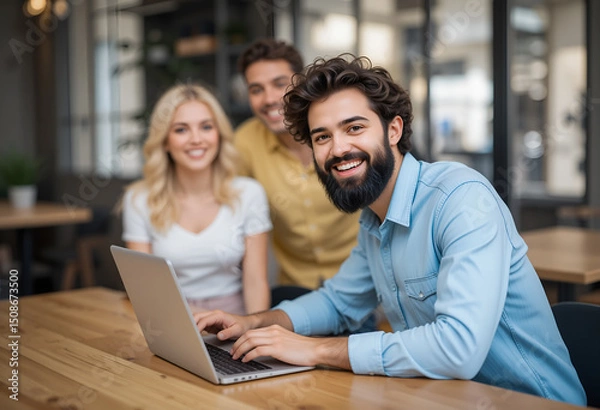 Fototapeta Happy Young Team Collaborating on Laptops in Home Office – Modern Freelance Workspace with Diversity.    Generative AI