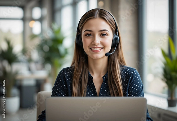 Fototapeta Customer Support Agent Working on Laptop. Professional Customer Service Representative Assisting Clients Online Using Laptop – Remote Support Concept.  Generative AI