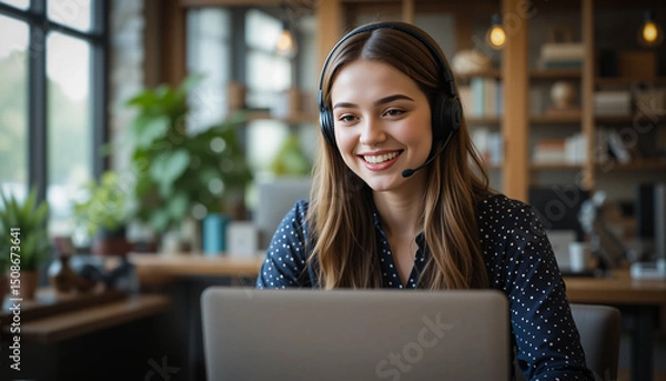 Fototapeta Customer Support Agent Working on Laptop. Professional Customer Service Representative Assisting Clients Online Using Laptop – Remote Support Concept.  Generative AI