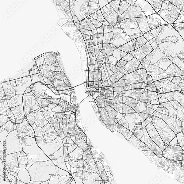 Fototapeta Liverpool Area Map with Labels and Neighborhoods - One color, minimalistic design